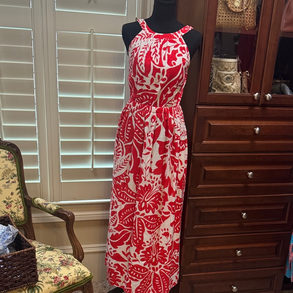 Banana Republic Red and White Maxi Dress with Pockets, Size Small